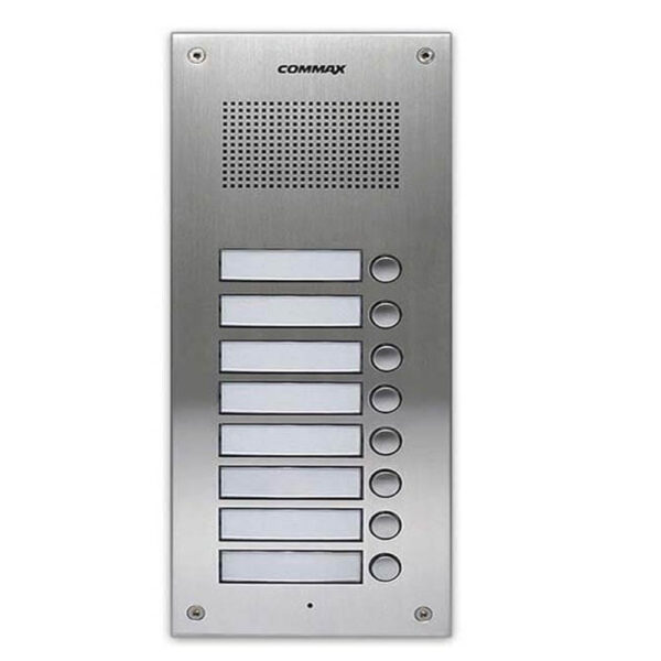 Commax DR-8UM – calling audio panel for 8 subscribers. Communication line: 3 common wires + 1 to each DP-SS OR DP-ML Metal buttons, the backlight of the label with the name of the subscriber. Flush mount. not included power