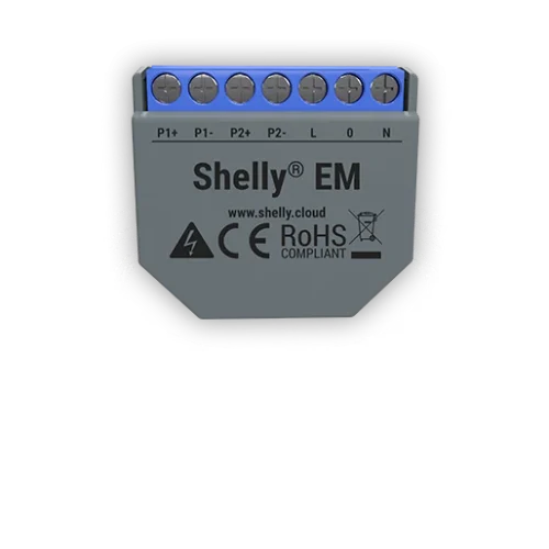 Shelly EM is a Wi-Fi-operated energy meter with contactor control. It allows you to simultaneously monitor the consumption of any home appliances, electric circuits, and office equipment (lights, power lines, security systems, heating, cooling, etc.) in 2 circuits on the same phase or individually. Shelly EM is perfect for measuring solar energy production, monitoring household consumption, and controlling heavier-load appliances.